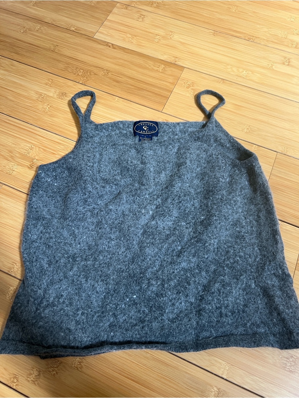 VTG Chelsea Campbell Gray Fuzzy Angora Wool Knit Camisole Tank Top Square Neck L